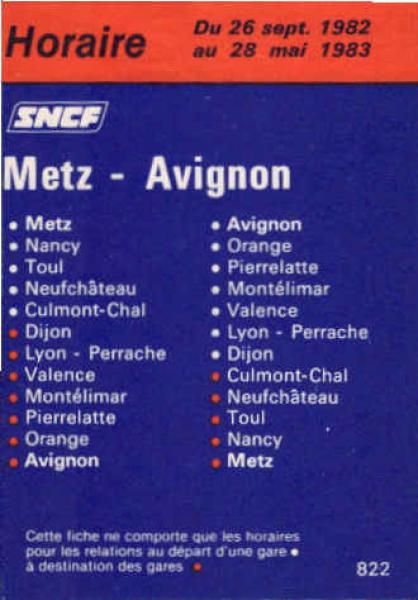 SNCF. Metz - Avignon. Horaire Du 26 sept. 1982 au 28 mai 1983.