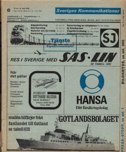 Sveriges kommunikationer. Tidtabell för järnvägs-, buss-, båt- och flyglinjer. 6. Fr. o. m. 31 maj 1970