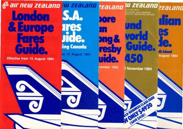 Air New Zealand. 5 Fares Guides: 1., London and Europe. Effective from 15 August 1984. 2., U.S.A. Effective from 15 August 1984. 3., Singapore, Japan, Hong Kong and Port Moresby. Effective from 1 December 1984. 4., Round the world. Effective from 1 Novemb