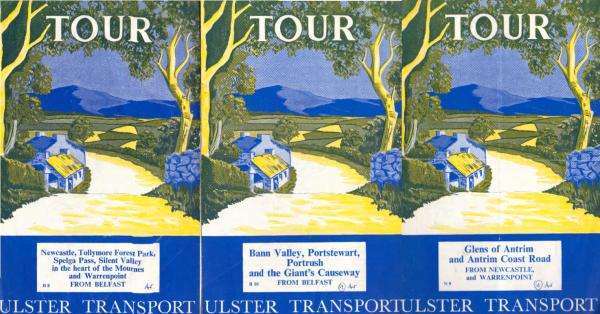 3 Faltblätter, Konvolut: 1., Tour: Glens of Antrim and Antrim Coast Road (N 9) ; 2., Tour: Bann Valley, Portstewart, Portrush and the Giant´s Causeway (B 10) ; 3., Newcastle, Tollymore Forest Park, Spelga pass, Silent Valley in the heart of the Mournes an
