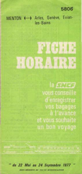 SNCF. Fiche Horaire du 22 Mai au 24 Septembre 1977 (5806).
