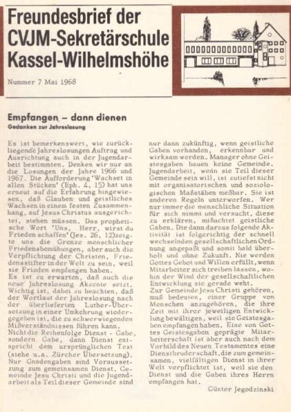 Freundesbrief der CVJM-Sekretärschule Kassel-Wilhelmshöhe; Nr. 7, Mai 1968.