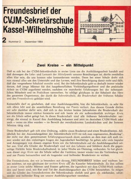 Freundesbrief der CVJM-Sekretärschule Kassel-Wilhelmshöhe; Nr. 2, Dezember 1964.