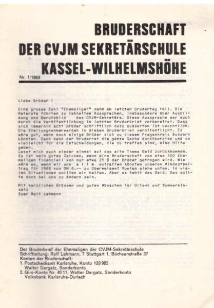 Der Bruderbrief der Ehemaligen der CVJM-Sekretärschule Kassel-Wilhelmshöhe ; Nr. 1/1968.