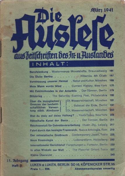 Die Auslese aus Zeitschriften des In- u. Auslandes; 15. Jahrgang, Heft 3, März 1941