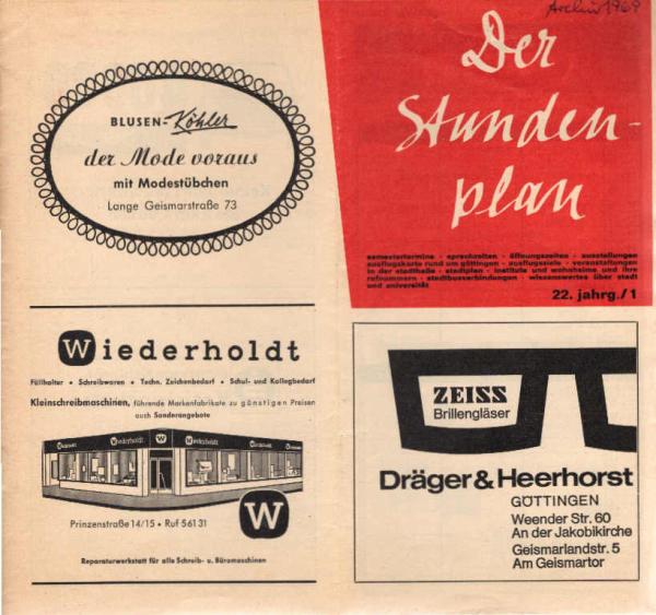 Der Stundenplan. Kleiner Führer für Göttinger Studenten. 22 Jahrgang, Heft 1.