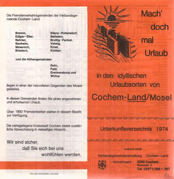 Mach´ dochmal Urlaub in den idyllischen Urlaubsorten von Cochem-Land / Mosel. Unterkunftsverzeichnis 1974. (Prospekt)