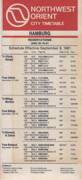 Northwest Orient City Timetable Hamburg. Schedule Effective September 8, 1981.