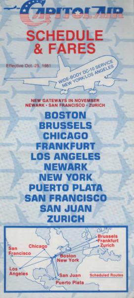 Capitol Air DC-10 Schedule and Fares Effective Oct. 25 1981.