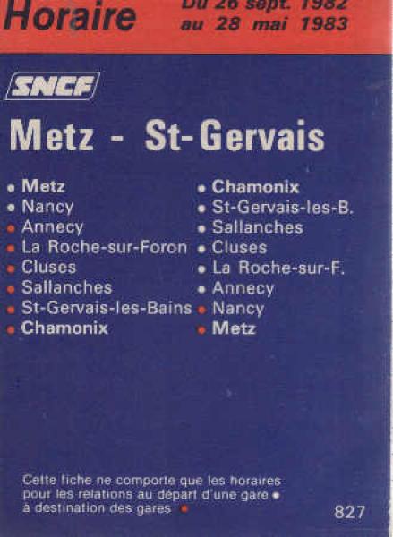 SNCF Metz - St. Gervais Horaire Du 26 sept. 1982 au 28 mai 1983.