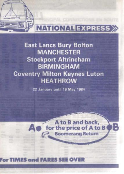 National Express Timetable / Fahrplan Manchester Birmingham 1984