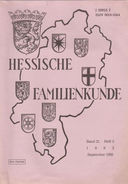 Hessische Familienkunde; Sept. 1992, Band 21/ Heft 2.