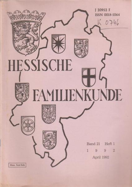 Hessische Familienkunde; April 1992, Band 21/ Heft 1.