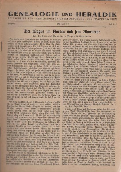 Genealogie und Heraldik. Archiv für Familiengeschichtsforschung und Wappenwesen; Jahrgang 1/ Mai/Juni 1949/ Heft 8/9.