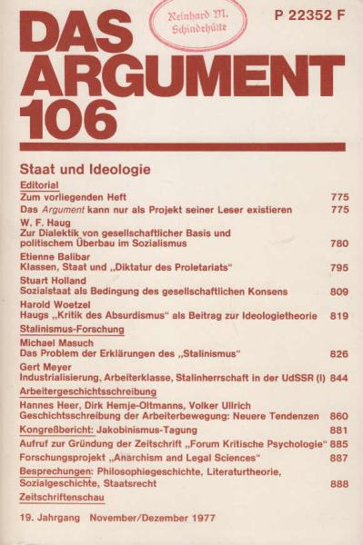 Das Argument. Zeitschrift für Philosophie und Sozialwissenschaften. Nr. 106, 19. Jahrgang Nov. / Dez. 1977.