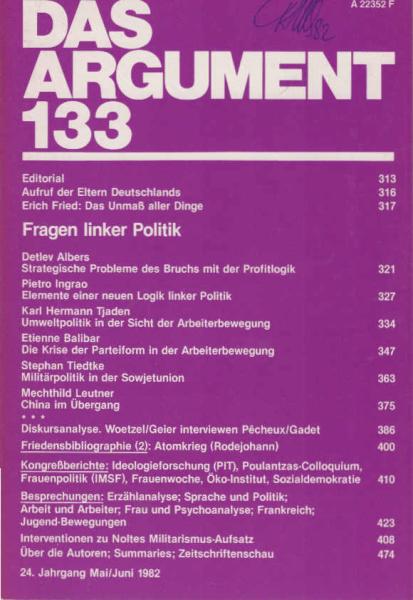 Das Argument. Zeitschrift für Philosophie und Sozialwissenschaften. Nr. 133 - Fragen  linker Politk