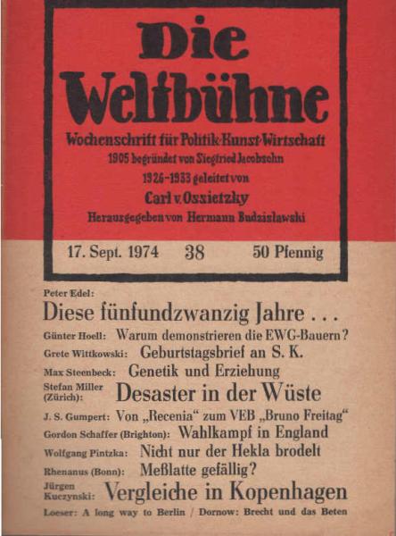 Die Weltbühne. Wochenschrift für Politik / Kunst / Wirtschaft. Heft 38, 1974 - Diese fünfundzwanzig Jahre ...
