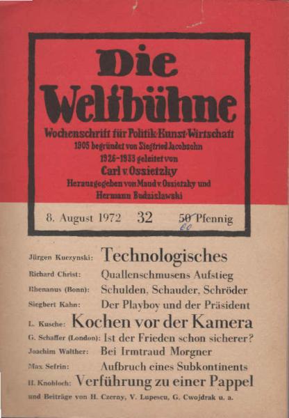 Die Weltbühne. Wochenschrift für Politik / Kunst / Wirtschaft. Heft 32 - [u.a.] Jürgen Kuczynski : Technologisches