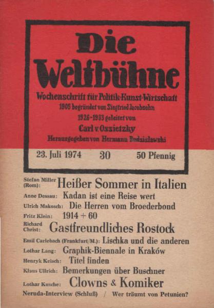 Die Weltbühne. Wochenschrift für Politik / Kunst / Wirtschaft. Heft 30 : [u.a] Lothar Kusche : Clowns und Komiker