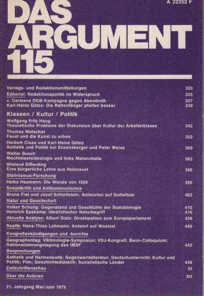 Das Argument. Zeitschrift für Philosophie und Sozialwissenschaften. Nr. 115 : Klassen / Kultur / Politik
