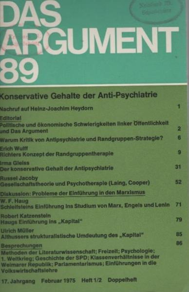 Das Argument. Zeitschrift für Philosophie und Sozialwissenschaften. Nr. 89: Konservative Gehalte der Anti-Psychatrie