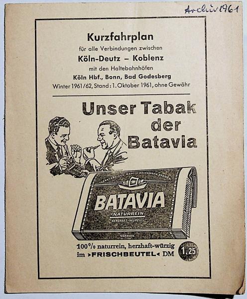 Kurzfahrplan für alle Verbindungen zwischen Köln-Deutz - Koblenz mit den Haltebahnhöfen Köln Hbf., Bonn, Bad Godesberg Winter 1961/62