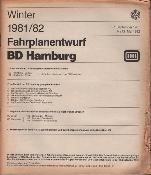 Fahrplanentwurf BD Hamburg; Winter 1981/1982.