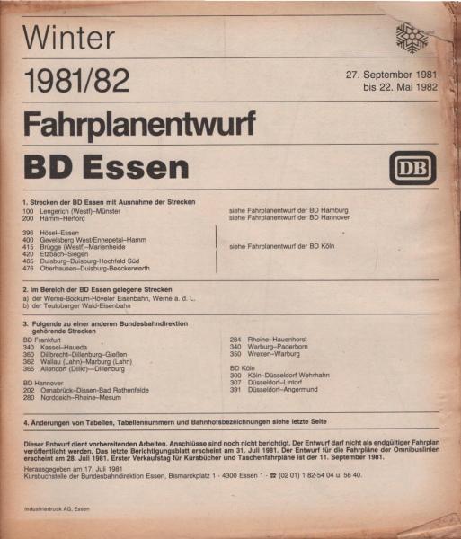 Fahrplanentwurf BD Essen ; Winter 1981/1982.