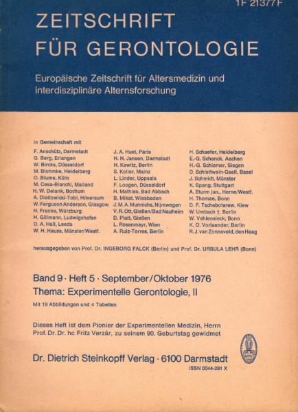 Zeitschrift für Gerontologie. Europäische Zeitschrift für Altersmedizin und interdisziplinäre Alternsforschung. Band 9, Heft 5. September / Oktober 1976. Thema: Experimentelle Gerontologie 2.