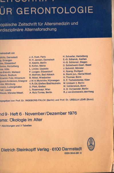 Zeitschrift für Gerontologie. Europäische Zeitschrift für Altersmedizin und interdisziplinäre Alternsforschung. Band 9, Heft 6. November / Dezember 1976. Thema: Ökologie.