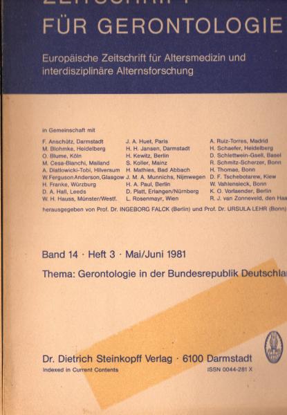 Zeitschrift für Gerontologie. Europäische Zeitschrift für Altersmedizin und interdisziplinäre Alternsforschung. Band 14, Heft 3. Mai / Juni 1981. Thema: Gerontologie in der Bundesrepublik Deutschland.