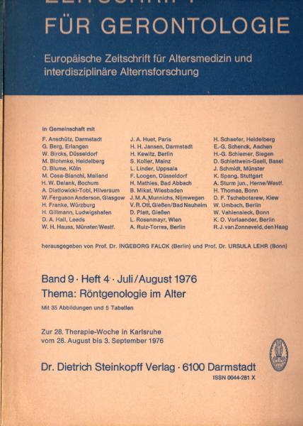 Zeitschrift für Gerontologie. Europäische Zeitschrift für Altersmedizin und interdisziplinäre Alternsforschung. Band 9, Heft 4. Juli / August 1976. Thema: Röntgenologie im Alter.