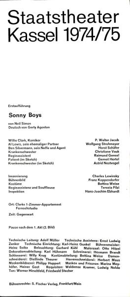 Staatstheater Kassel 1974/75. Erstaufführung Sonny Boys von Neil Simon. Deutsch von Gerty Agoston. [Programmheft]