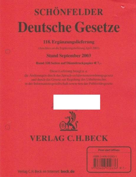Schönfelder Deutsche Gesetze. 118. Ergänzungslieferung Stand September 2003. (Anschluß an die Ergänzungslieferung April 2003.).