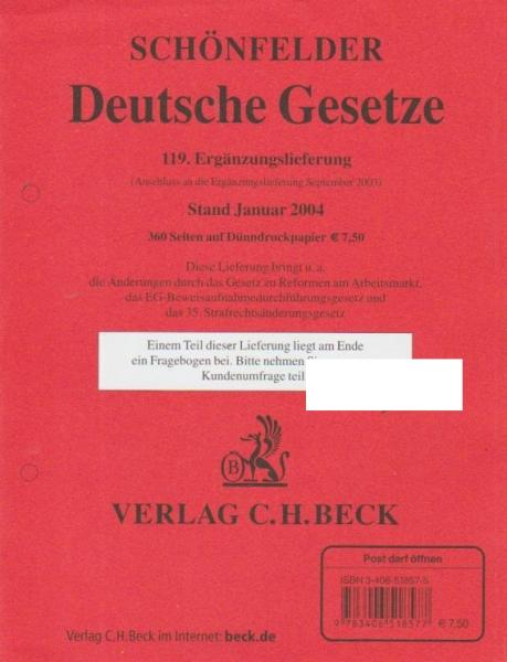 Schönfelder Deutsche Gesetze. 119. Ergänzungslieferung Stand Januar 2004. (Anschluß an die Ergänzungslieferung September 2003).