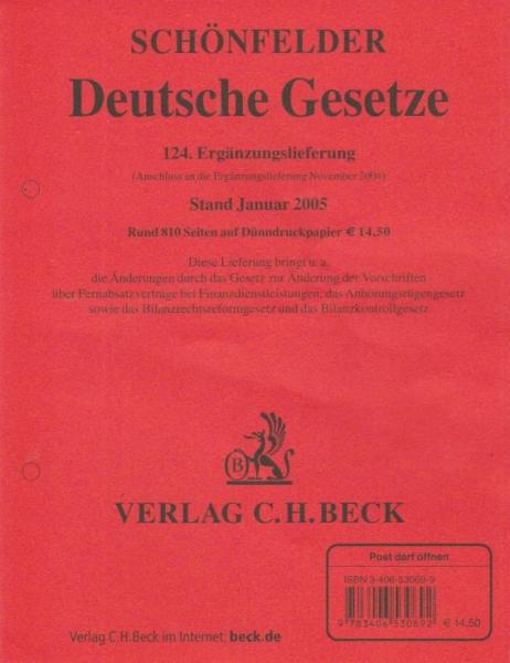 Schönfelder Deutsche Gesetze. 124. Ergänzungslieferung Stand Januar 2005. (Anschluß an die Ergänzungslieferung November 2004).