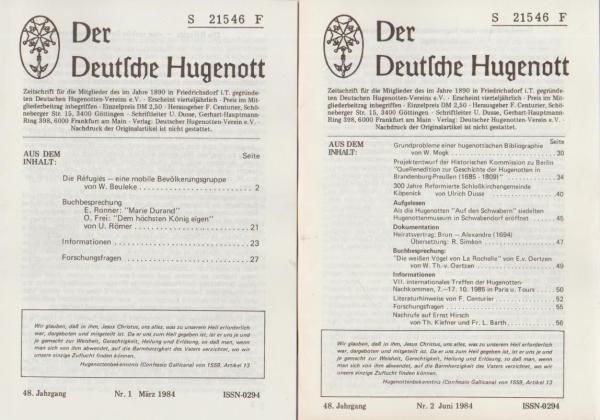 Der deutsche Hugenott : Zeitschrift für die Mitglieder des ... Deutschen Hugenotten-Vereins. 48. Jahrgang, Nr. 1-2.