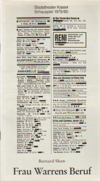 Staatstheater Kassel Schauspiel 1979 / 80. Frau Warrens Beruf. Von Bernhard Shaw. Programmheft.