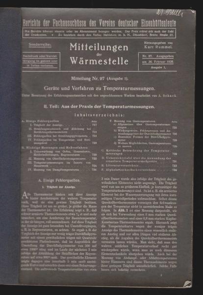 Mitteilungen der Wärmestelle. Mitteilung 97 (Ausgabe 1). Geräte und Verfahren zu Temperaturmessungen. 2. Teil: Aus der Praxis der Temperaturmessungen.