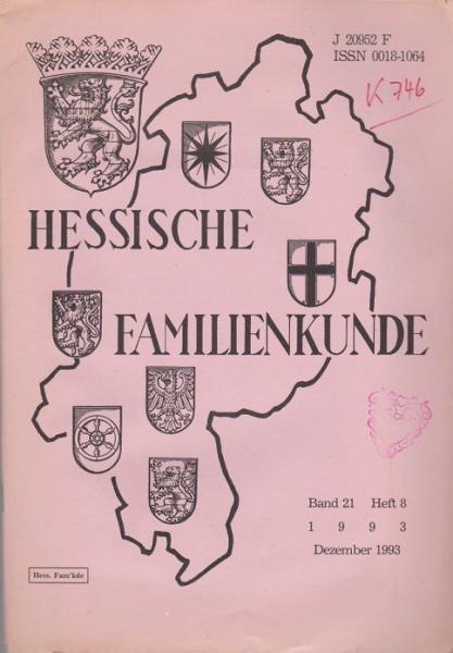 Hessische Familienkunde; Dez. 1993, Band 21/ Heft 8.