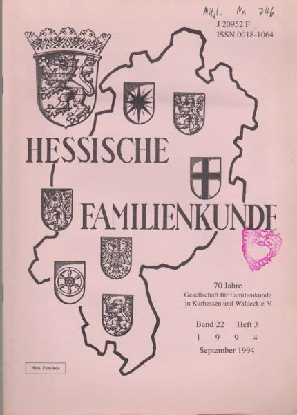 Hessische Familienkunde; Sept. 1994, Band 22/ Heft 3. 70 Jahre Gesellschaft für Familienkunde in Kurhessen und Waldeck e.V.