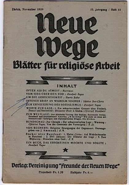 Neue Wege. Blätter für religiöse Arbeit. 33. Jahrgang, Heft 11