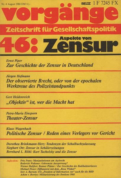 Vorgänge. Zeitschrift für Gesellschaftspolitik. Nr. 46: Aspekte der Zensur.
