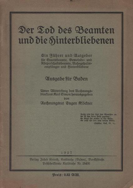 Der Tod des Beamten und die Hinterbliebenen. Ausgabe für Baden.