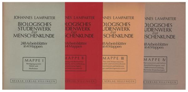 Biologisches Studienwerk zur Menschenkunde : 248 Arbeitsblätter in 4 Mappen : Mappe 1. Bewegungssystem, Skelett und Muskulatur / Mappe 2., Atmung und Blutkreislauf, Verdauung und Ausscheidung, lymphatische Organe und Infektionsabwehr / Mappe 3., Tast- und