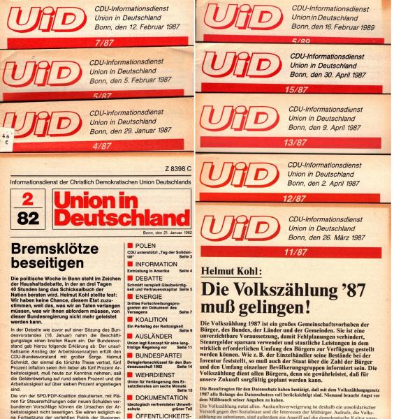 9 Hefte der Zeitschrift Union in Deutschland ; UiD : 2 / 1982 ; 4,5,7 / 1987 ; 11-13, 15 / 1987 ; 5 / 1989 [Bücherpaket]