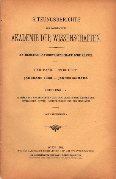 Sitzungsberichte : Abteilung 2a ; CXII. Band. 1. bis 3. Heft