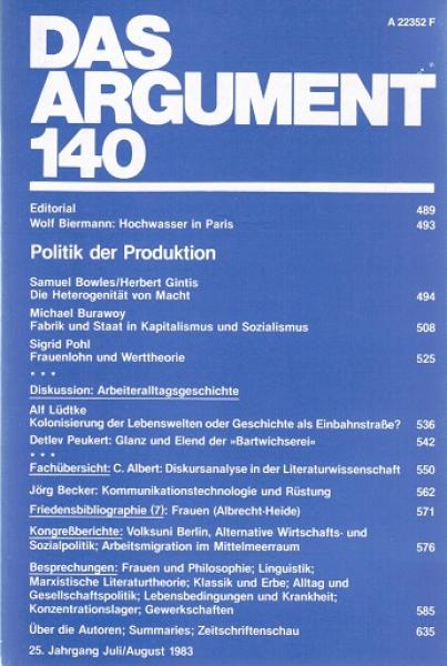 Das Argument. Zeitschrift für Philosophie und Sozialwissenschaften. Nr. 140 (25. Jahrgang. Juli/August 1983. Politik der Produktion).