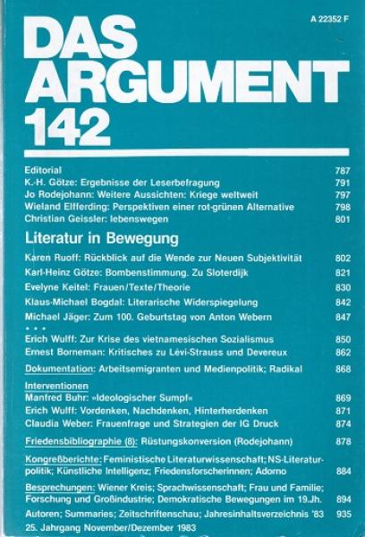 Das Argument. Zeitschrift für Philosophie und Sozialwissenschaften. Nr. 142 (25. Jahrgang. November/Dezember 1983. Literatur in Bewegung).