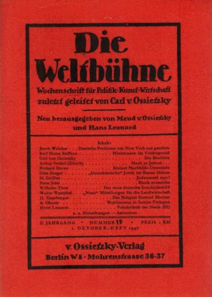 Die Weltbühne. Wochenschrift für Politik / Kunst / Wirtschaft. Heft 19, 1947